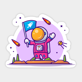 Cute Astronaut Holding Flag On Planet Cartoon Vector Icon Illustration Sticker